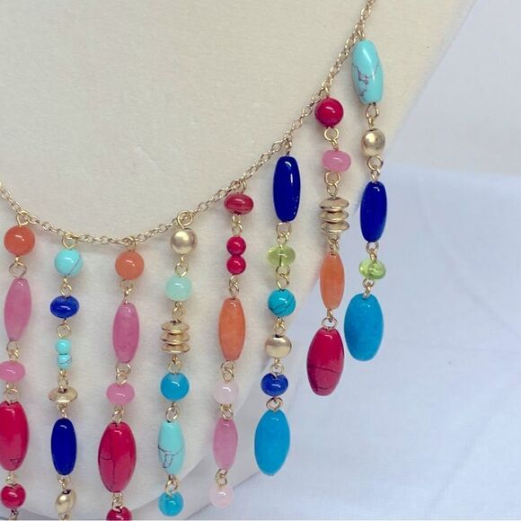 Glass Waterfall Necklace Multicolor Drop 26” Gorgeous - Picture 9 of 9